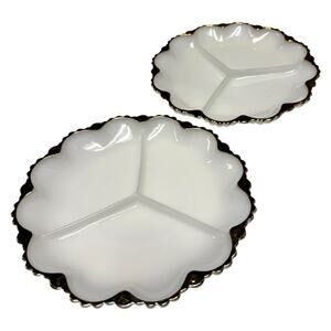 2 Anchor Hocking Fire King Milk Glass Divided Dish Relish Trays Gold Trim Vtg